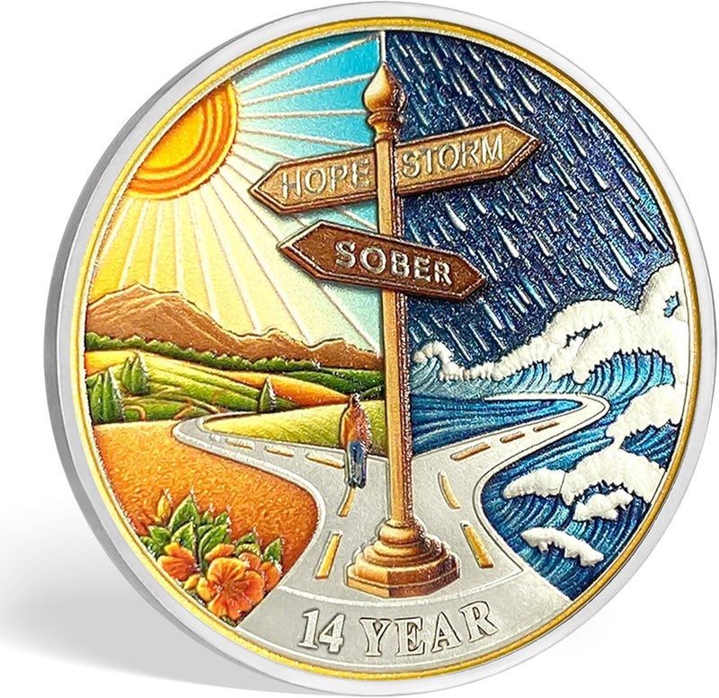 Imasoner 14 Year Sobriety Coin – Road Sign AA Medallion with Serenity Prayer | NA AA HA Recovery Chip Token | Sobriety Gift for Men & Women Celebrating Addiction Recovery Milestone - Image 1
